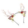Deer Antler Flower Crown Headband Fairy Flower Reindeer Cosplay Headdress with Lace Ears Blueberry Berry Tree Branch