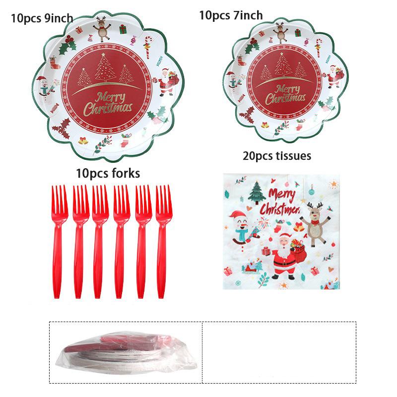 JUSTINLAU Christmas Cutlery Disposable Tableware Set Paper Plates Paper Cups Tissues Tablecloth Dining Plates Christmas Themed