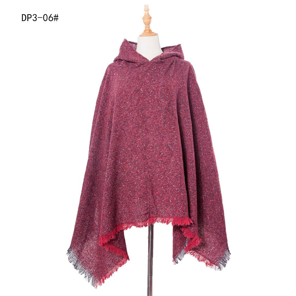 European & American Women’s Black Hooded Pullover Cape with Floral Shawl Clip, Suitable for Spring, Autumn, and Winter