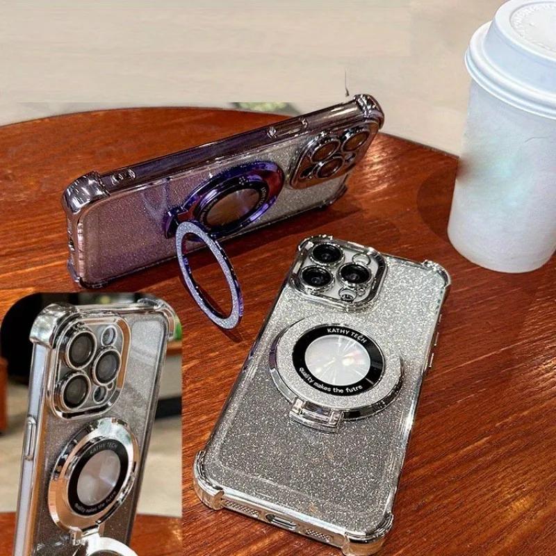 Luksus Plating Magnetisk Holder Glitter Deksel for iPhone 17 Air 16 15 14 13 12 11 Pro Max Plus Trådløs Lading Gjennomsiktig Deksel