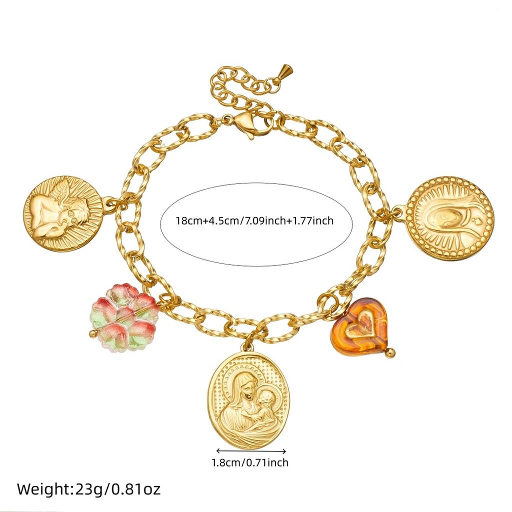 DIEYURO 316l Stainless Steel Vintage Portrait Angel Cross Flower Heart Charm Necklace Bracelet Set Lady Fashion Jewelry Gift