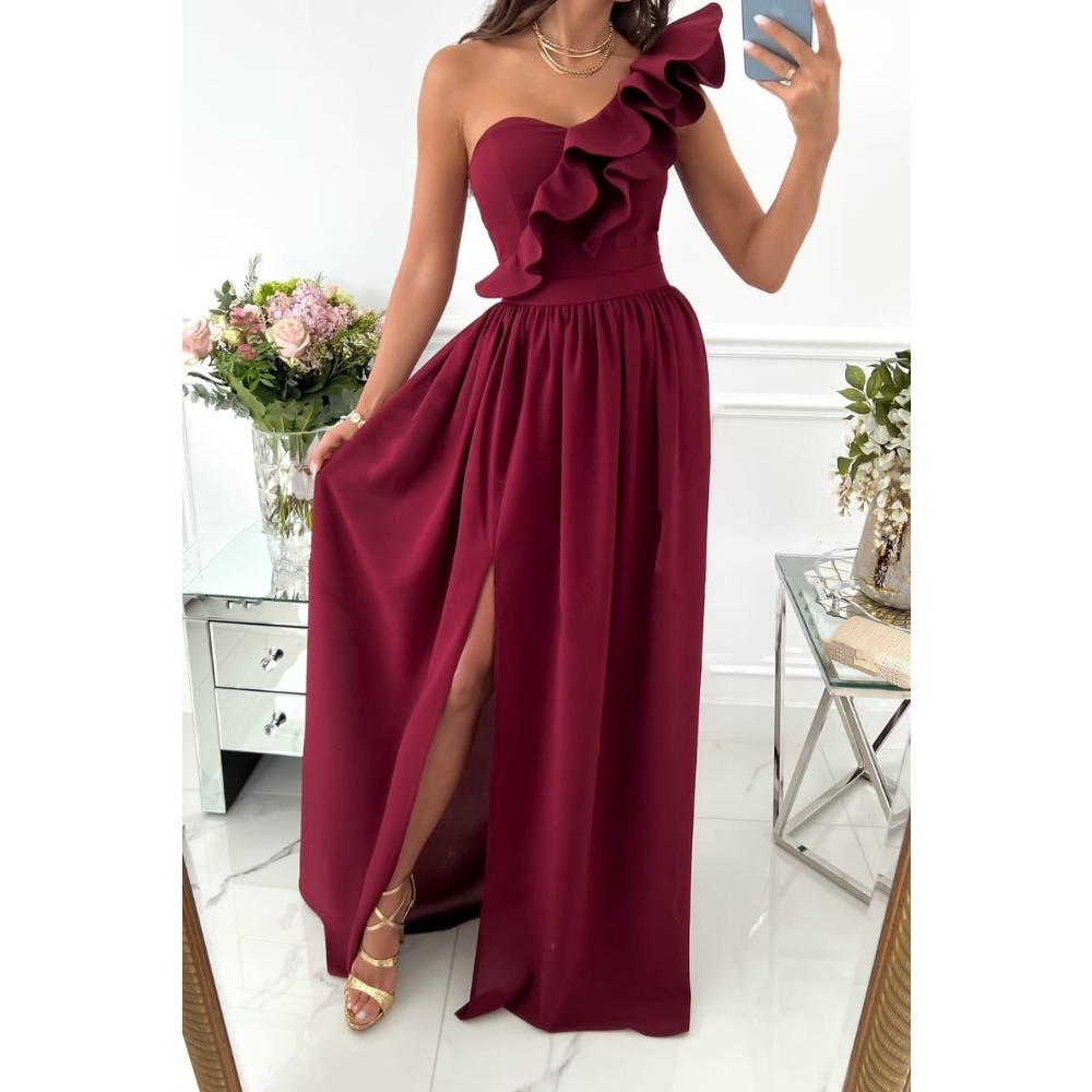 Women's One Shoulder Ruffle Maxi Dress A-Line High Waist Side Slit Solid Formal Evening Party Long Dress