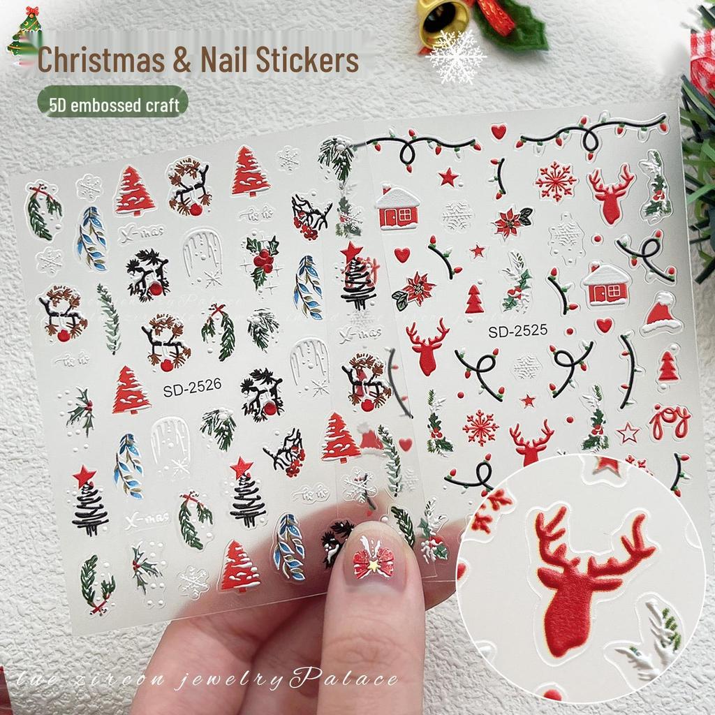 3D Embossed Christmas Nail Stickers - Santa, Tree, Snowflake & Reindeer Decor