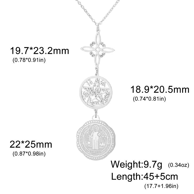 Double Sided Etched Saint Benedict Pentagram Witch Knot Triple Pendant Necklace Vintage Religious Jewelry