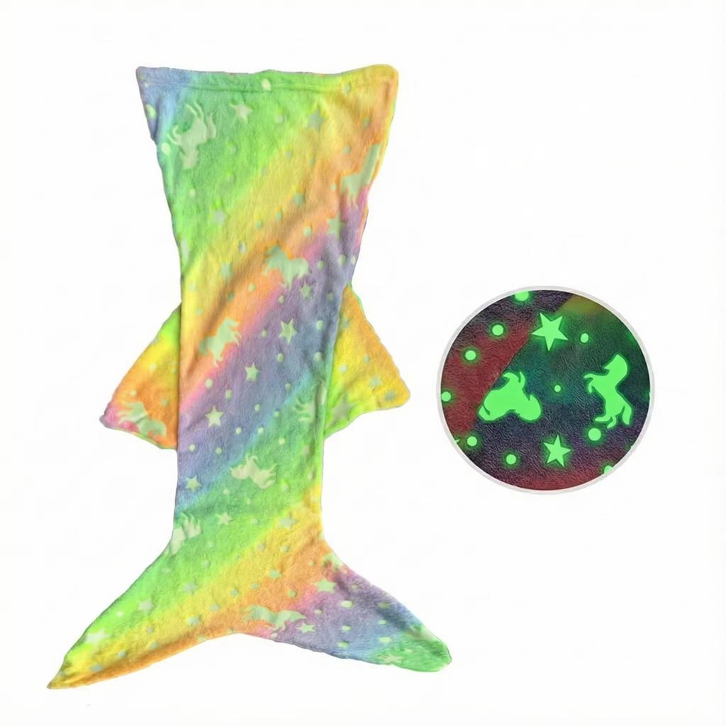 New Night Glow Mermaid Tail Blanket Soft Flannel Wearable Cute Blankets Gifts for Girls All Seasons Beautiful Rainbow Blanket