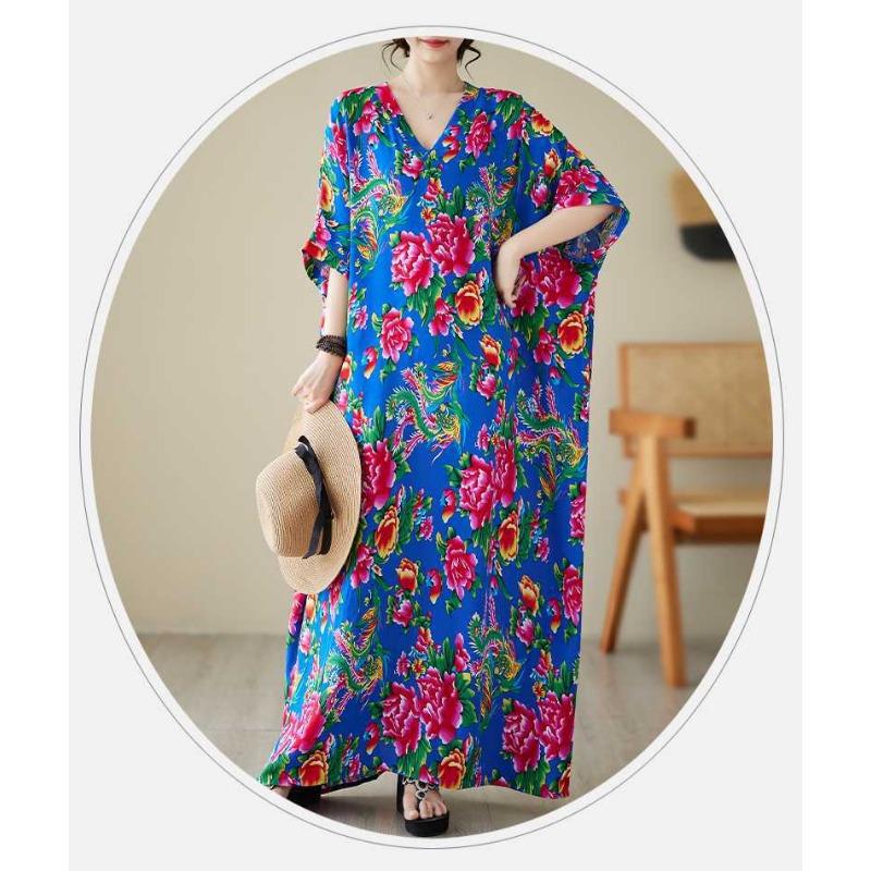 Summer V-neck Cotton Silk Large Size Loose Literary Vacation Style Beach Dresses