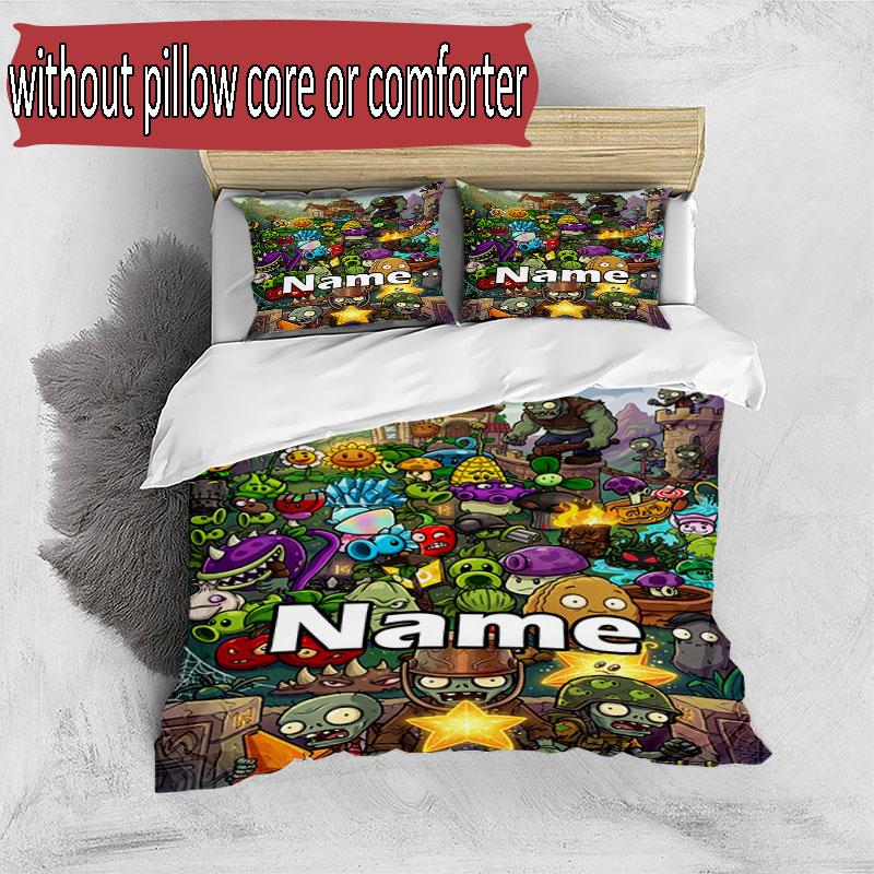 3pcs Duvet Cover Set (1*Duvet Cover + 2*Pillowcase, Without Core), Custom Name Plants VS Zombies Pattern Bedding Set, Home Bedroom Decor Gift
