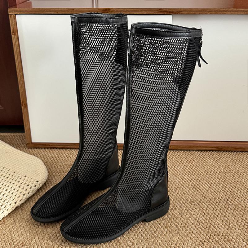 Fashion Summer New Cold Boots Women's Fashion Round Toe Mesh Cutout Breathable Rear Zipper Low Heel Tall Boots