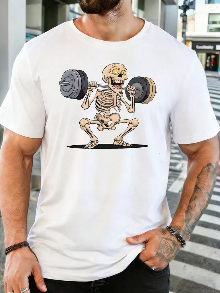 Squatting Skeleton Lifting Barbell Gym Graphic Unisexs Crew Neck Short Sleeve Cotton T Shirt Fitness Male Workout Casual Tee