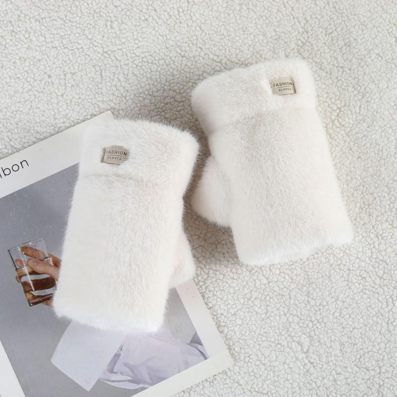 Fuzzy Faux Mink Half-Finger Gloves Women Winter Warm Touchscreen Compatible Streetwear Accessory