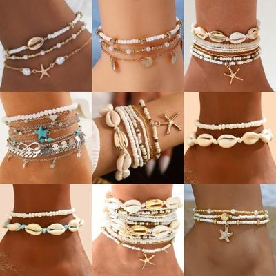 Nuova cavigliera, conchiglia, piccola stella marina, tartaruga, perla di riso, perla di turchese irregolare, accessorio per il piede in stile vacanza al mare
