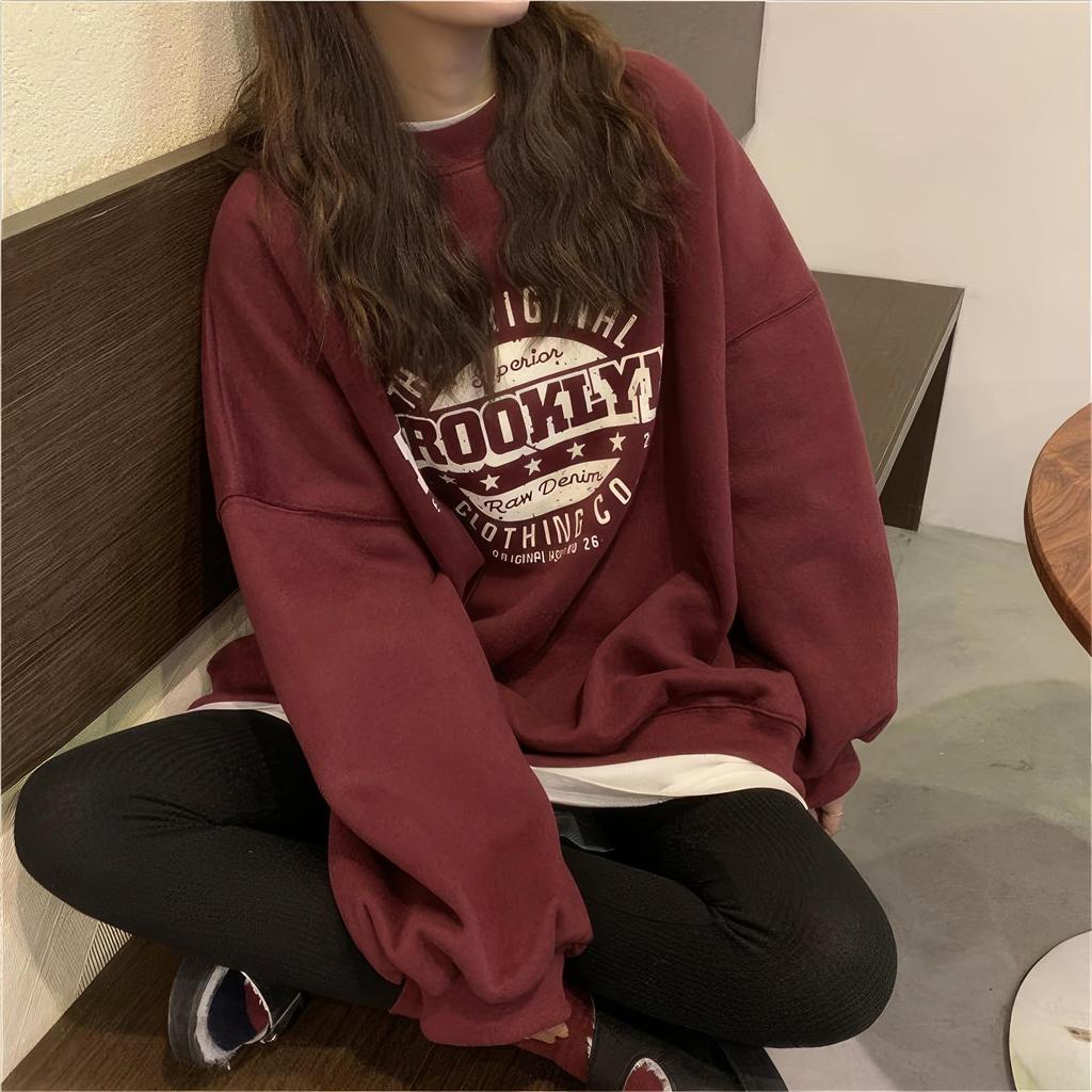 SeiunAn Long Sleeve English Logo Loose Plus Sizes Fall Korean Long Sleeve Long Crew Neck Women's Sweatshirt, Spring, Autumn, Winter, Pullover,