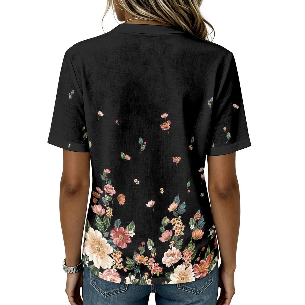 Women Short Sleeve Henley Neck Button Shirt Floral Print Linen Cotton Blend Casual Blouse Lightweight Summer Top