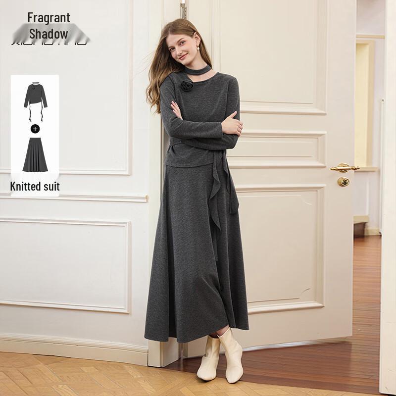Xiangying Women s French Grey Knitted Skirt Two-Piece Set S