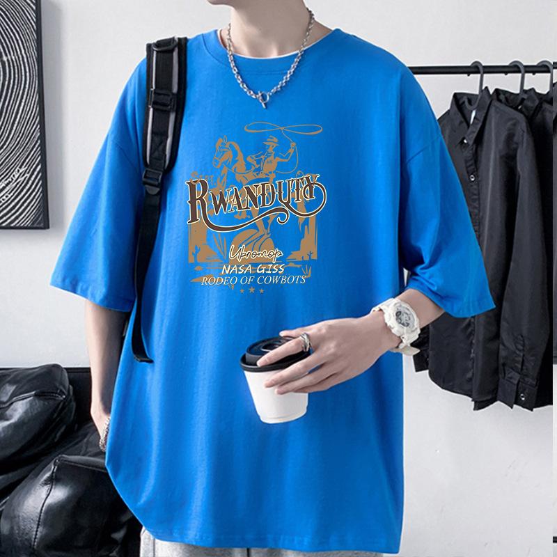 Cowboy Pattern Men's 100% Cotton T-Shirt Drop Shoulder Oversized Tee Hip Hop Style