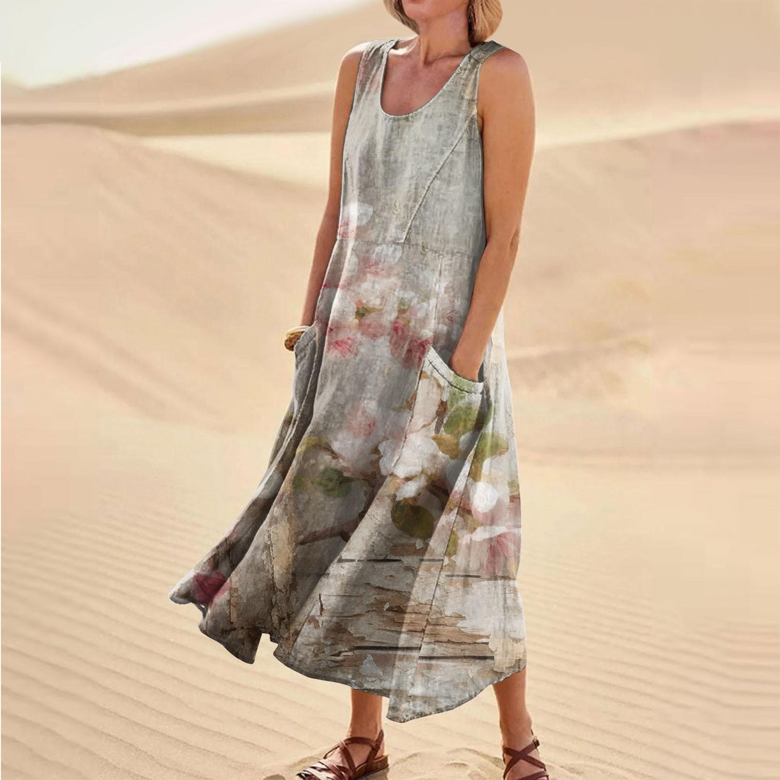 

Женское повседневное удобное карманное платье без рукавов с цветочным принтом S бежевый