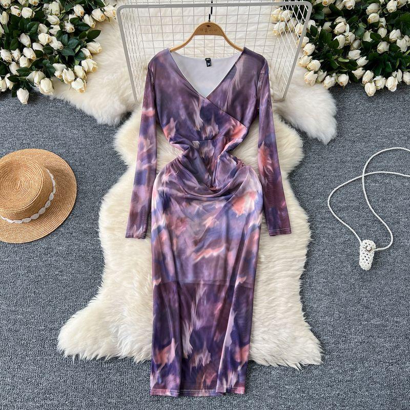 Adult Lady like Woman Fancy Women's Clothing Dress Scheming Ruched Silm Slim Looking Temperament Long Sleeve Mesh Floral Print Hip Skirt