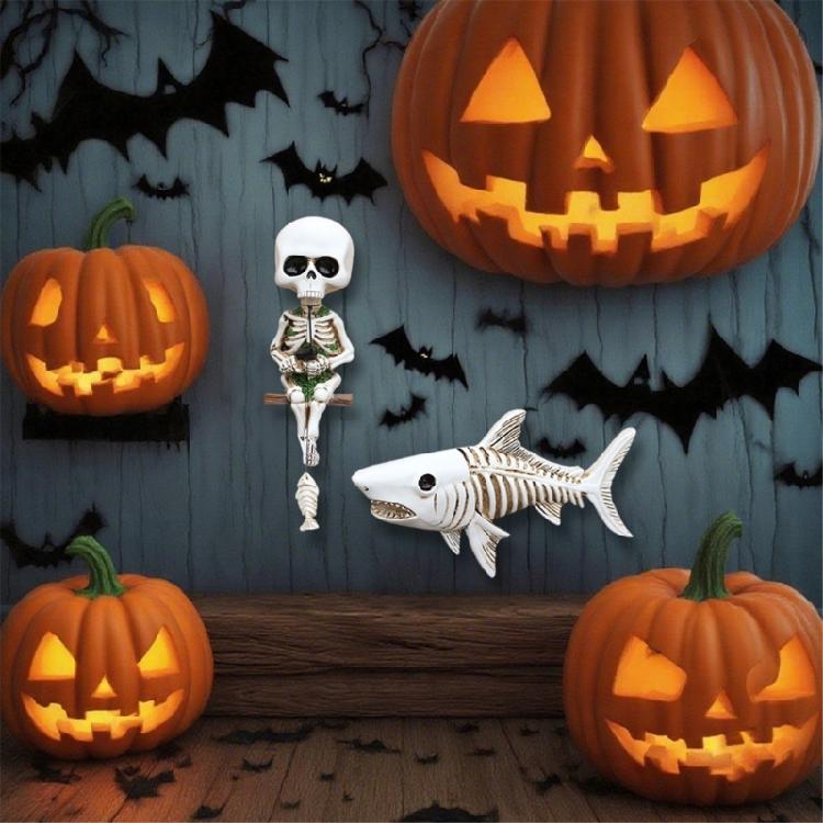 2Piece Skeleton Angler Shark Statue Set Resins Wall Decors For Halloween Parties Aquariums Enthusiasts Or Horror Collectors