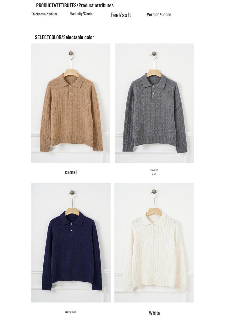 Women's Retro Long Sleeve Cable Knit Sweater with Chest Embroidery - RL Lapel Polo, 2026 Autumn/Winter Collection