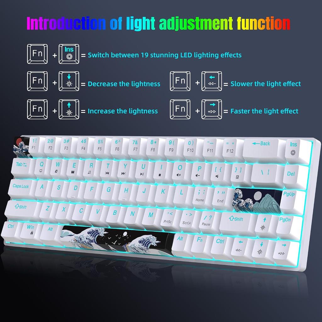 68 Keys 60% Mechanical Gaming Keyboard Hot Swappable Blue Switch Ice Blue Backlight Detachable USB-C Cable For Windows Mac Linux
