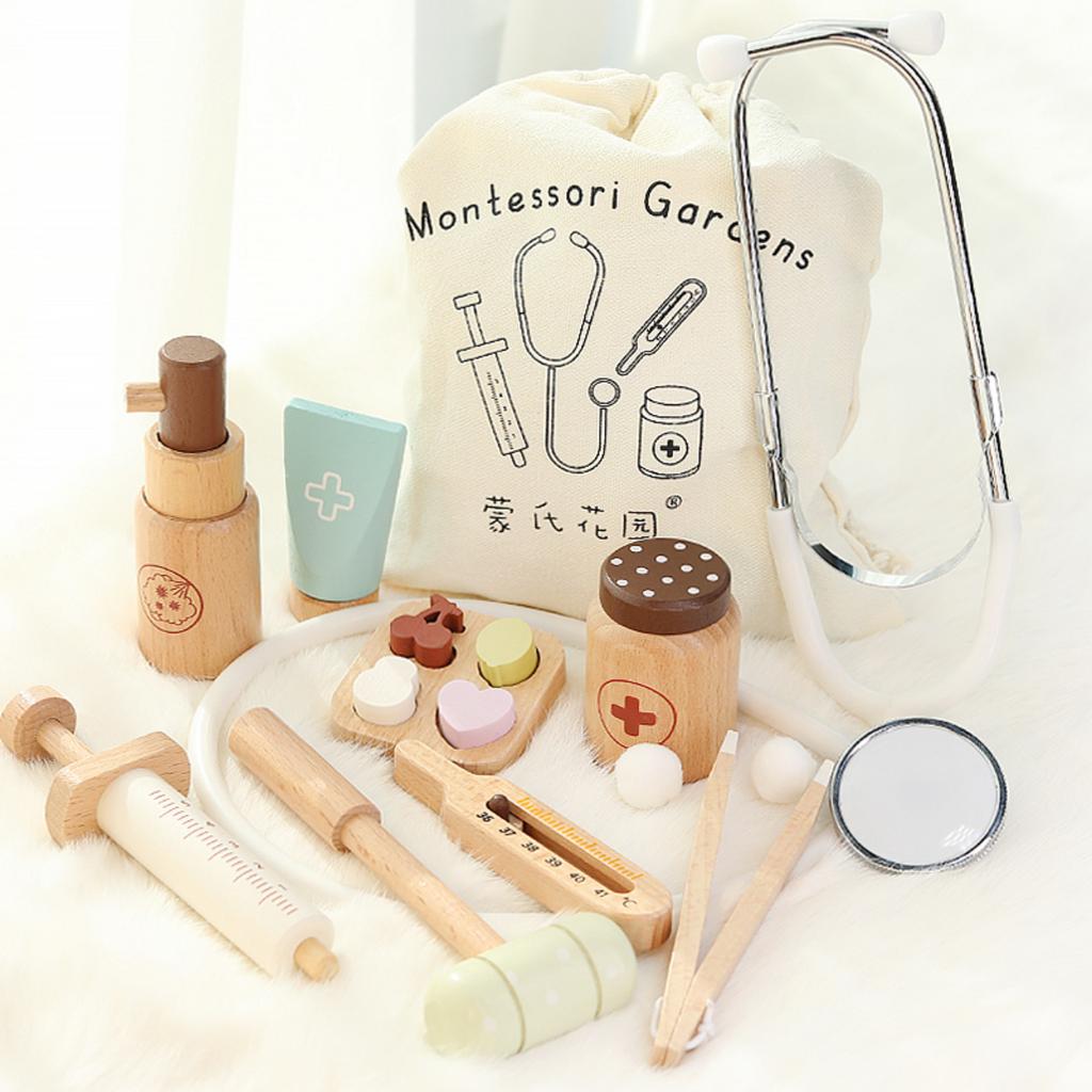 Wooden Doctor & Nurse Medical Kit Toy Set for Kids Stethoscopes Syringes Role Play