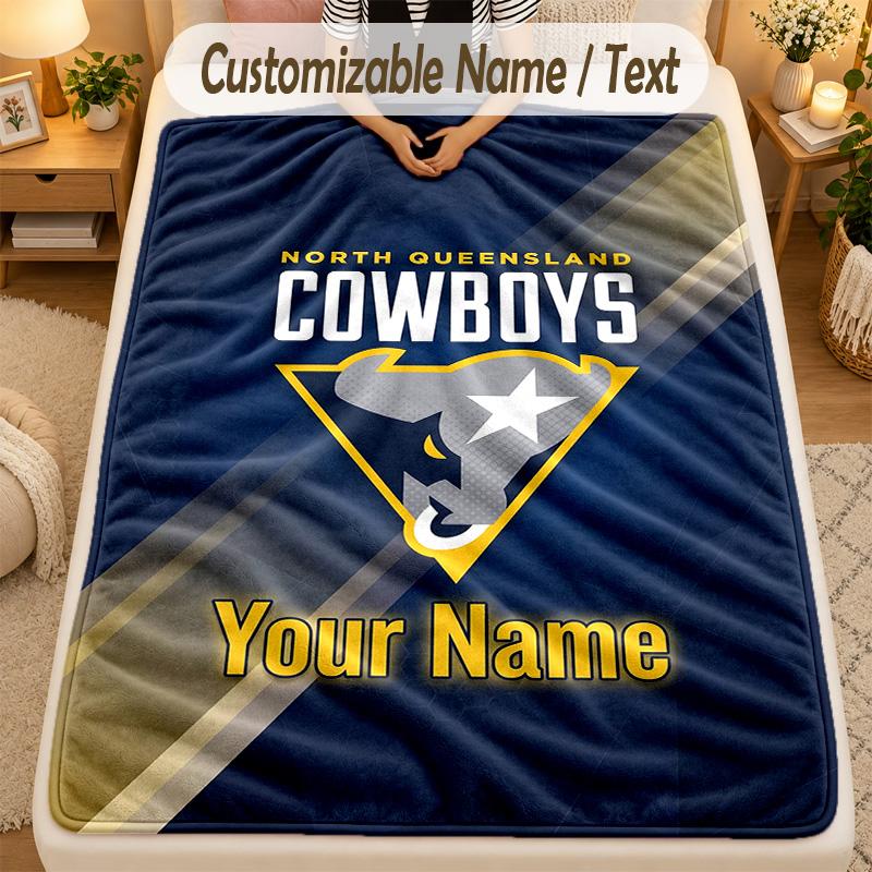 Flannel BlanketNorth Queensland Cowboys Custom Name Text Personalized Soft Warm Throw Blanket Home Decor Gift