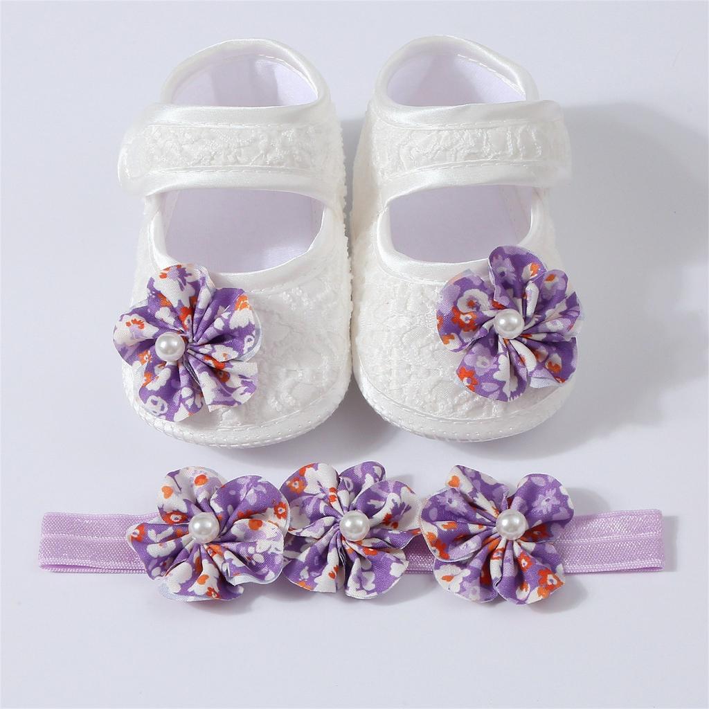 Baby-Set mit Blumenperlenschleife, Stickerei und Klebepunkten für Kleinkinder, Schuhe und Haarband