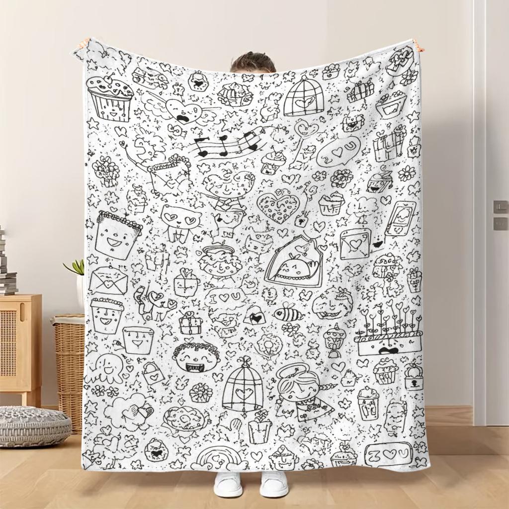 1 Flannel Blanket, Cute Cartoon Heart Hand-painted Style, Suitable as a Shawl Blanket, Nap Blanket, or Sofa Blanket. It Is Soft, Comfortable, and Warm