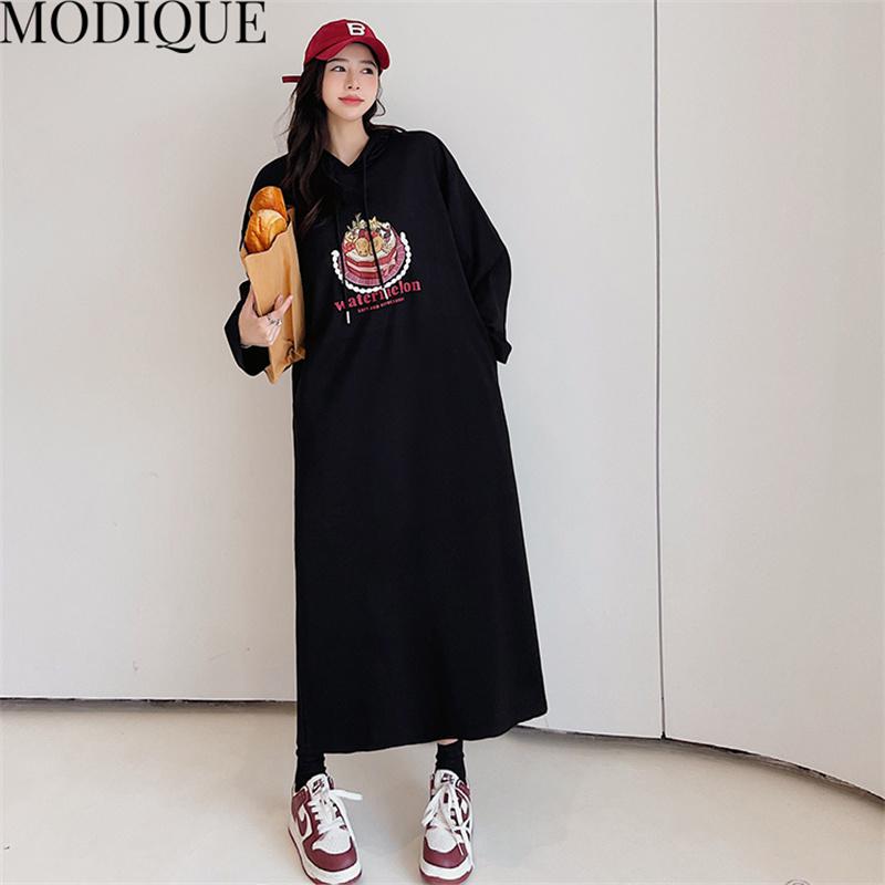 

MODIQUE 2023, осень, большие размеры, новые женские свободные длинные платья с капюшоном и принтом из мультфильмов, женские базовые повседневные хлопковые юбки с круглым вырезом и длинными рукавами, зимняя