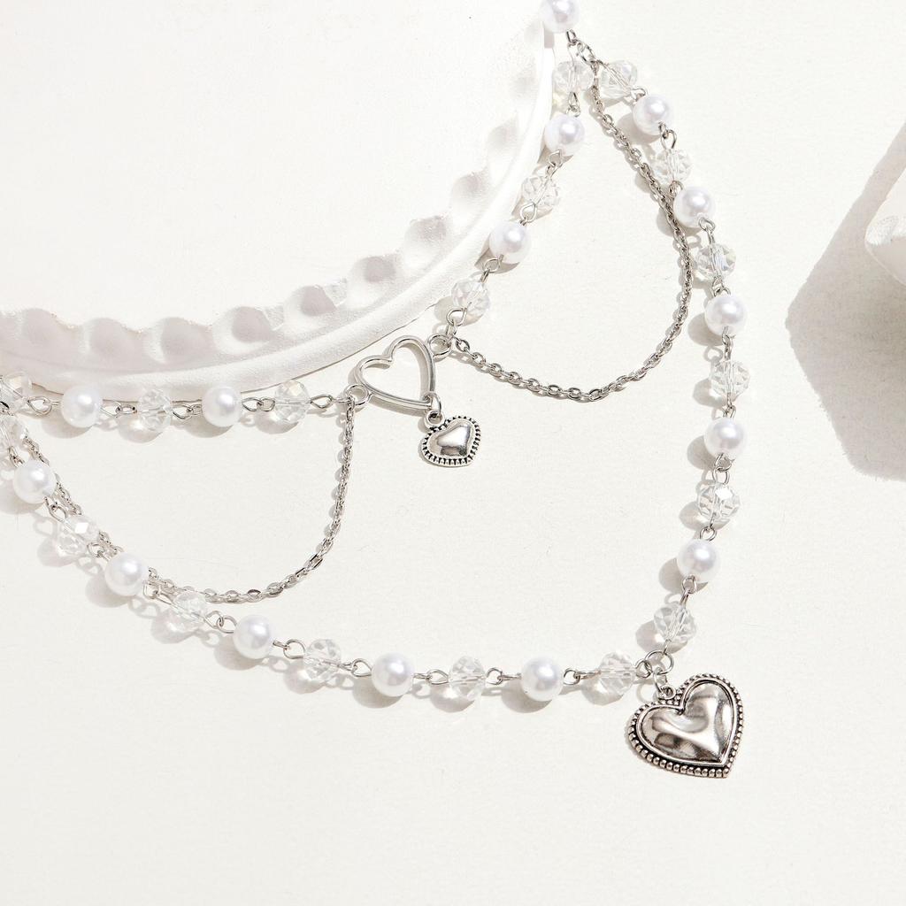 European and American jewelry fashion sweet Spice girl love multi-layer necklace niche temperament imitation pearl tassel necklace women