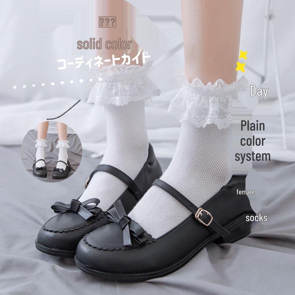 Sweet Japanese-Style White Lace Trim Mid-Calf Socks – Soft, Solid Summer Socks for Women