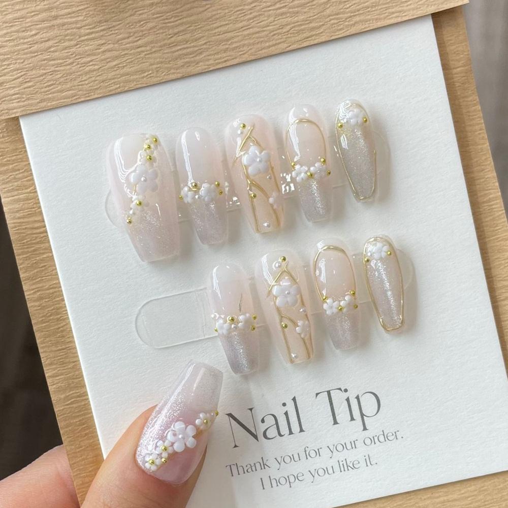Handmade Pressed Flower Full Cover Ballerina Nail Tips Reusable Wearable Artificial Nails