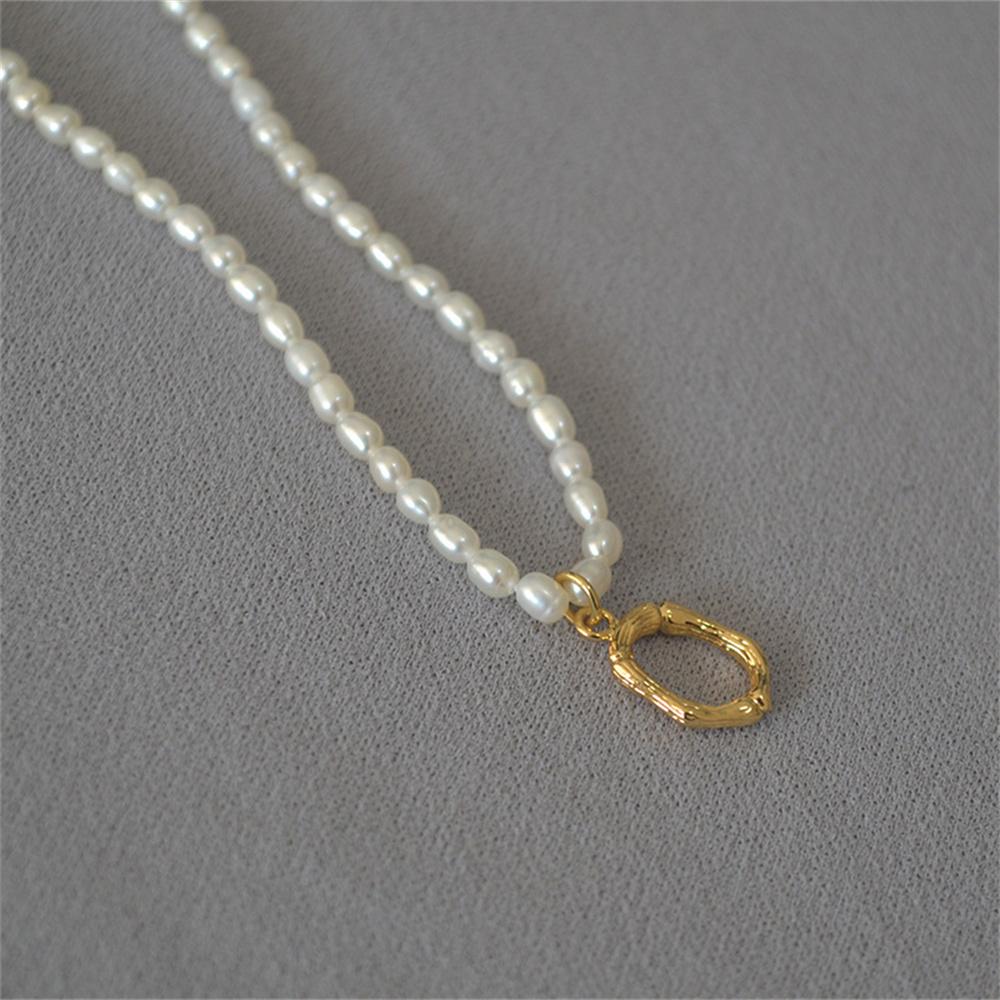 French Vintage Oval Artificial Pearl Chain Necklace For Women Fashion Boho Gold-plate Metal Tree Texture Letter Pendant Jewelry
