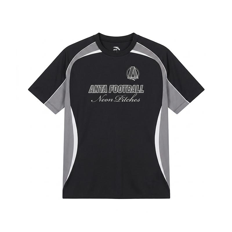 Anta Football Series Trendy Color Block Short Sleeve Woven Shirt Couple Sports Casual T-Shirt Unisex Tops Black Gray White 172622102-4 L