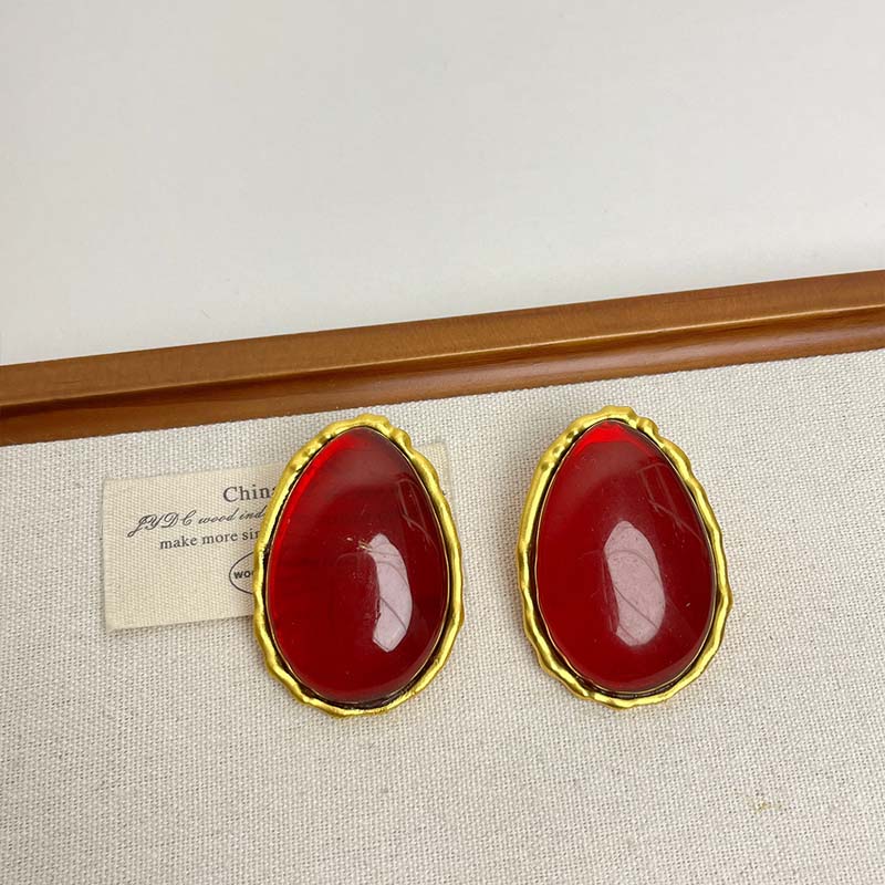 

Vintage Red Resin Large Water Drop Stud Earrings For Women Exaggerated Large Oval Geometric Earrings Party Zircon Wedding Gift красный