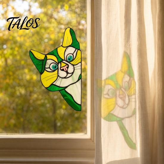 Waterproof Cat Car Decal Stained Glass Window Cling, Vintage Colorful Kitty Decal, Removable Static Artistic Decoration Sticker for Door Wall