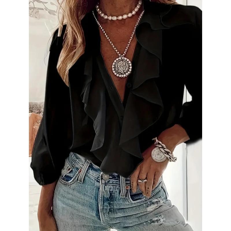 YYFS Women's Fashion Casual Summer Spring Solid Color Print Long Sleeve V-Neck Blouses & Shirts