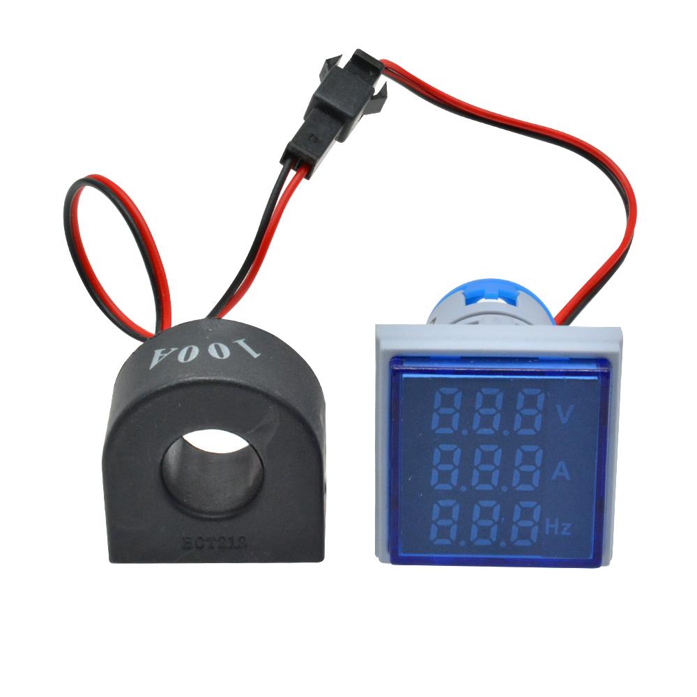 0-100A 50-380V 22MM 3 in 1 Square Mini Digital Voltmeter Ammeter Hz Hertz Frequency Meter Current Voltage Indicator Tester