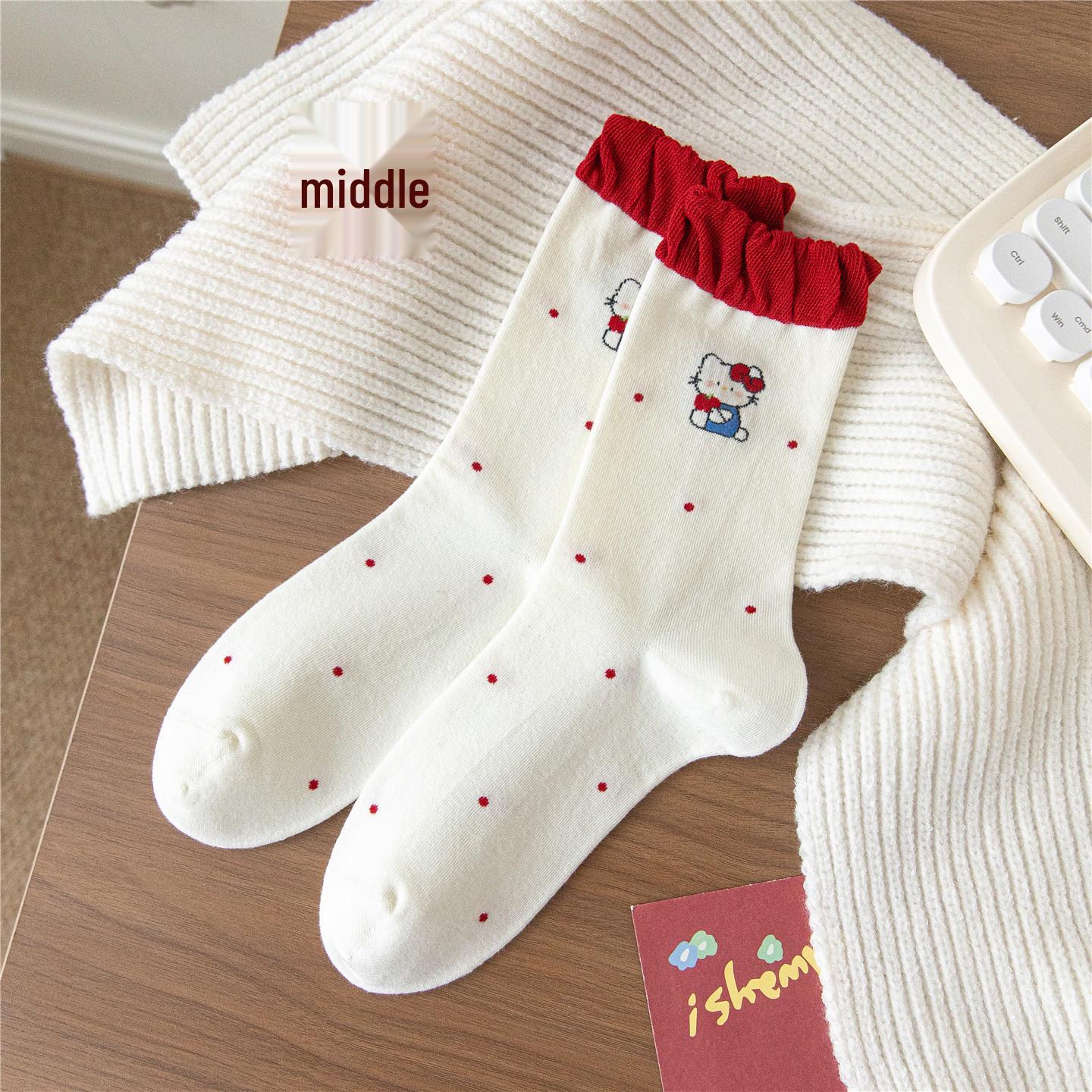 

Japanese-Style Blue & Red Striped Mid-Calf Socks with Cute Cat Cartoon Design, Combed Cotton, Girly Academy Style. One Size (Shoe Size 35-39)