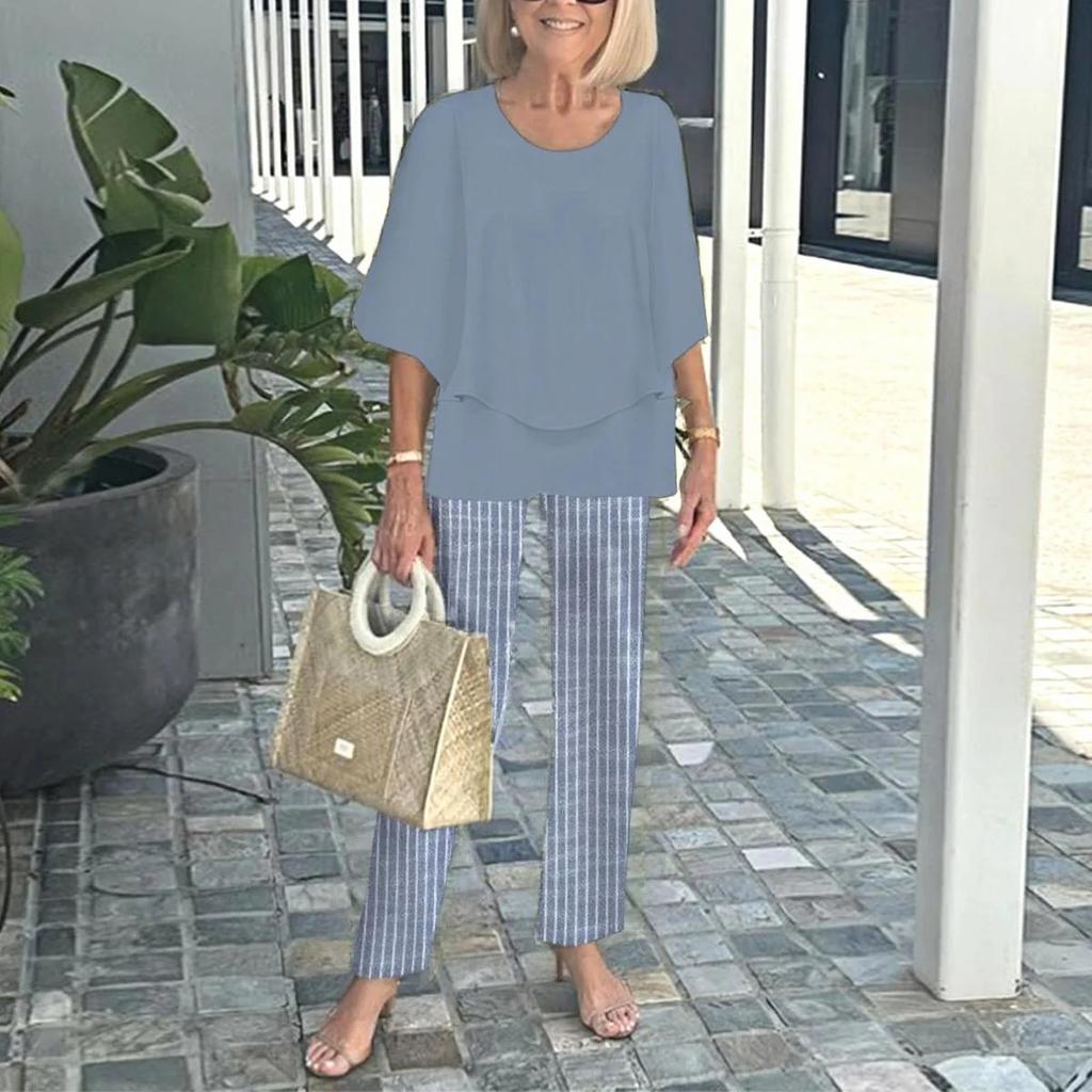 Women's Green Loose Fit Top with Leaf Print Pants Set, Casual Summer Outfit with Straw Bag