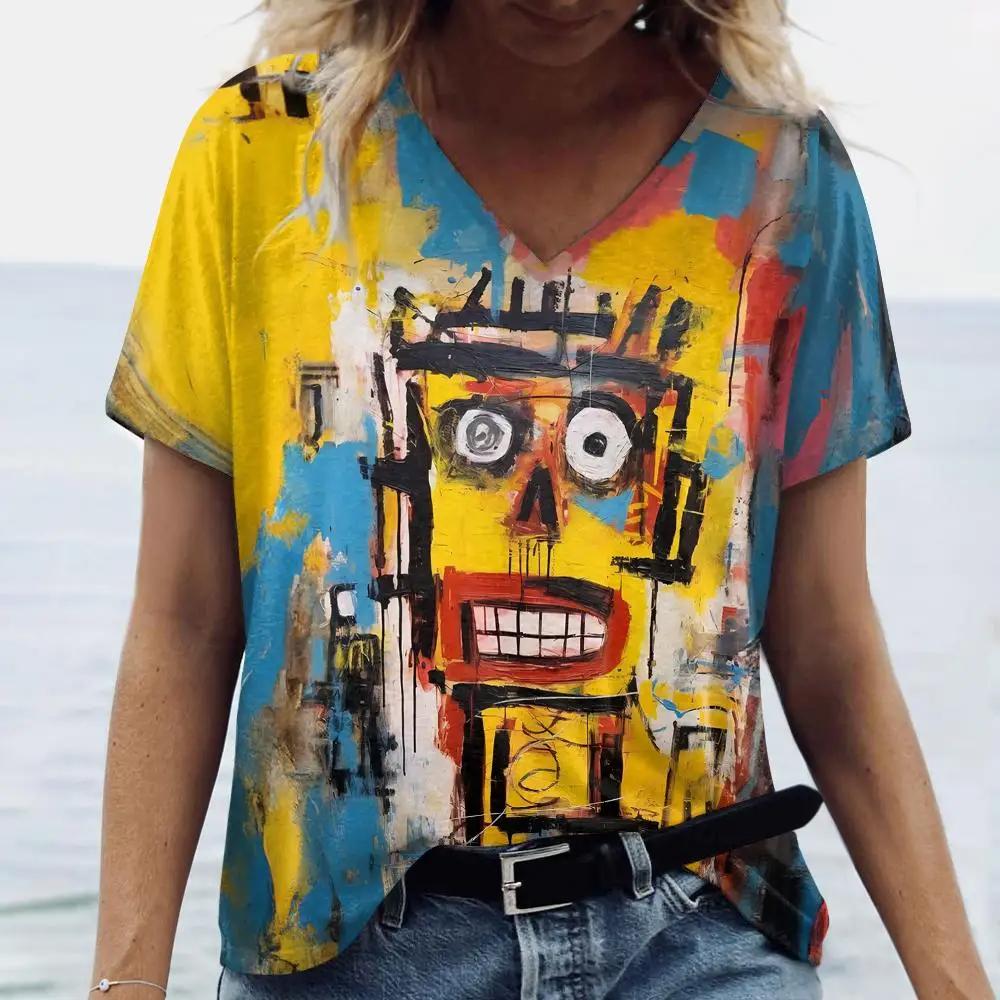 Letní dámské módní tričko Exagerovaný umělecký potisk Topy Trička Dámské Vintage Krátký rukáv Oblečení Dámské Denní Ležérní Streetwear