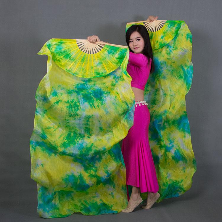 1pair/2pcs Real Silk Belly Dance Veil Fans Bamboo Handmade Tie-dye 150cm/180cm Performance Long Fan BellyDance Fan Veil