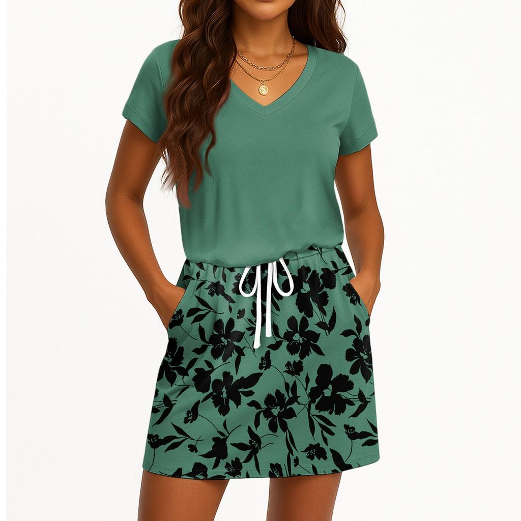 Dámské letní šaty s výstřihem do V, krátkým rukávem, stahováním v pase, kapsou a květinovým potiskem