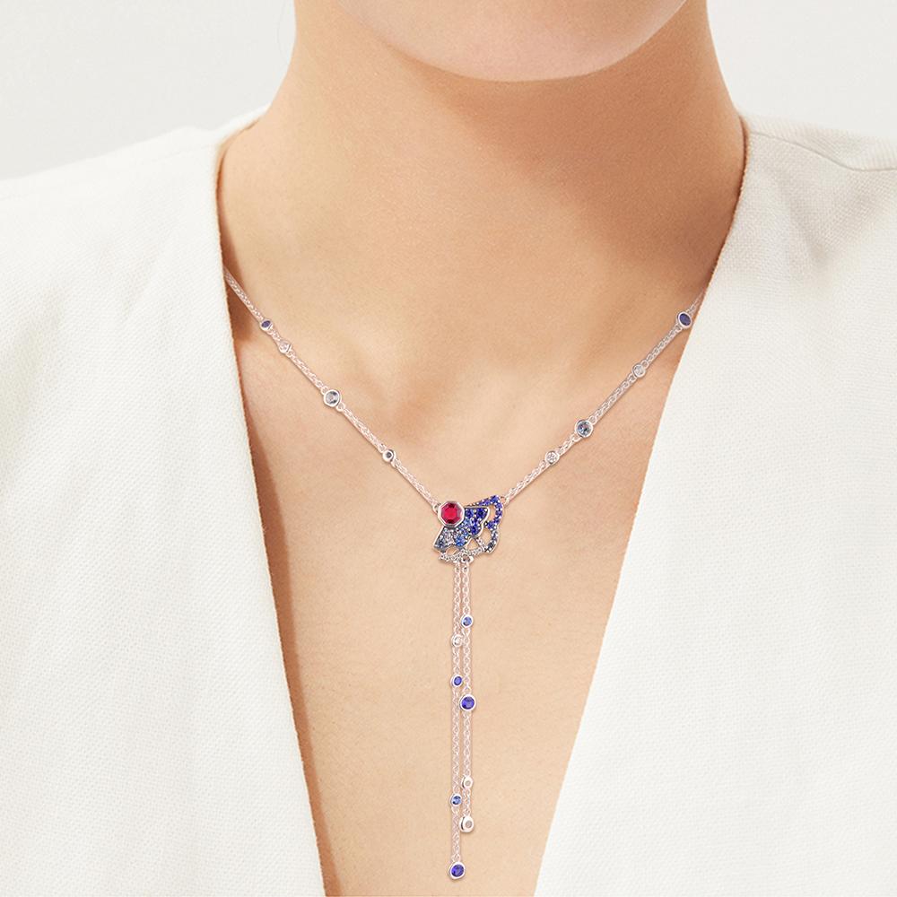 Authentic 925 Sterling Silver Blue & Pink Fan Y-Necklace Chain Pendants Necklaces for Women Fine Jewelry Collier Female