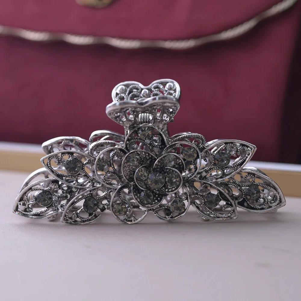 New European Style Stacked Flower Large-size Hair Clip Alloy Grip Clip Retro Diamond Hair Accessories