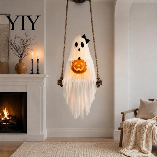 Decorative Props for Festivals Halloween Lighted Ghost Swing with Glowing Pumpkin, Hanging Spooky Decor Gathering Decorations Porch Yard, LED Floating