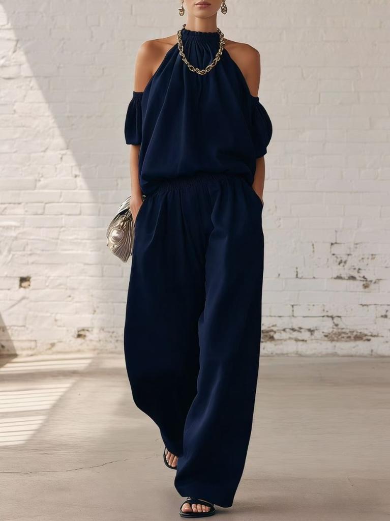 New Summer Women's Off-the-Shoulder Halter Top and High-Waisted Wide-Leg Pants Casual Set