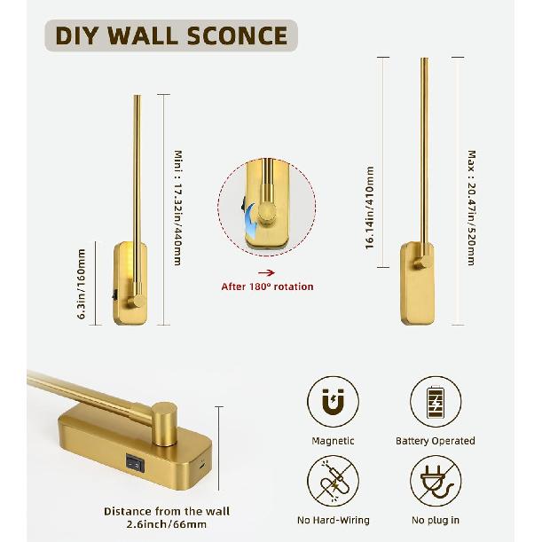 Battery Operated Wall Sconces with Remote Control,LED Rechargeable Picture Lights for Wall Wireless Led Lights for Bedroom with Magnetic Wall Light