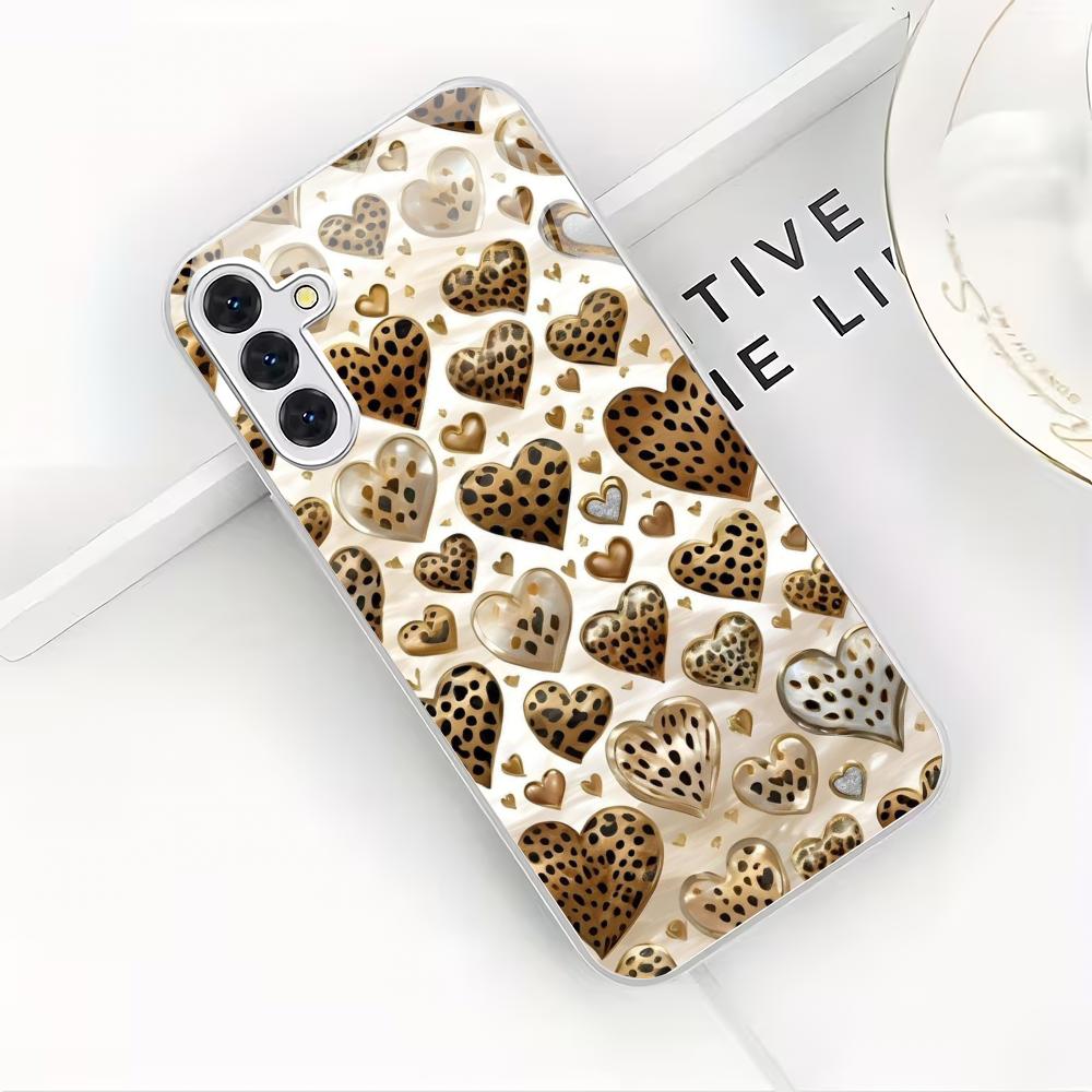Leopard Patterned Heart-shaped Silver Plated Glass Phone Case Suitable for Samsung Galaxy S26 S25 S24 S22 S21 S20 FE/Ultra/Plus