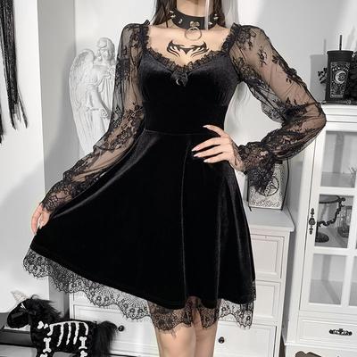 Gothic Black Mini Dress Lace Trim High Waist Bodycon Dress Y2K Women  Vintage Punk Harajuku Lolita Clothes